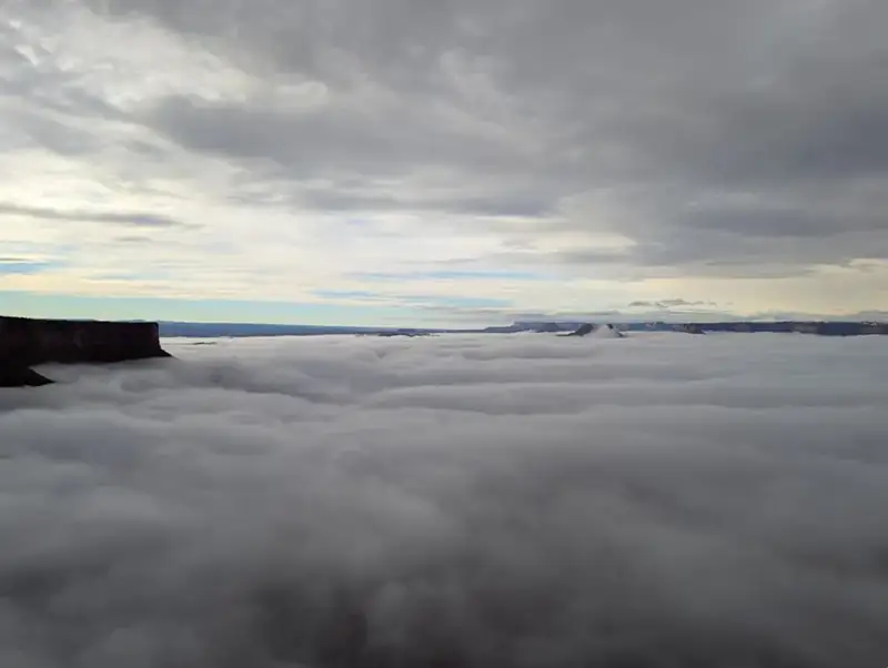 Fog covers a desert landscape. Tall canyon walls are barely visible higher than the clouds. Sky is gray above.