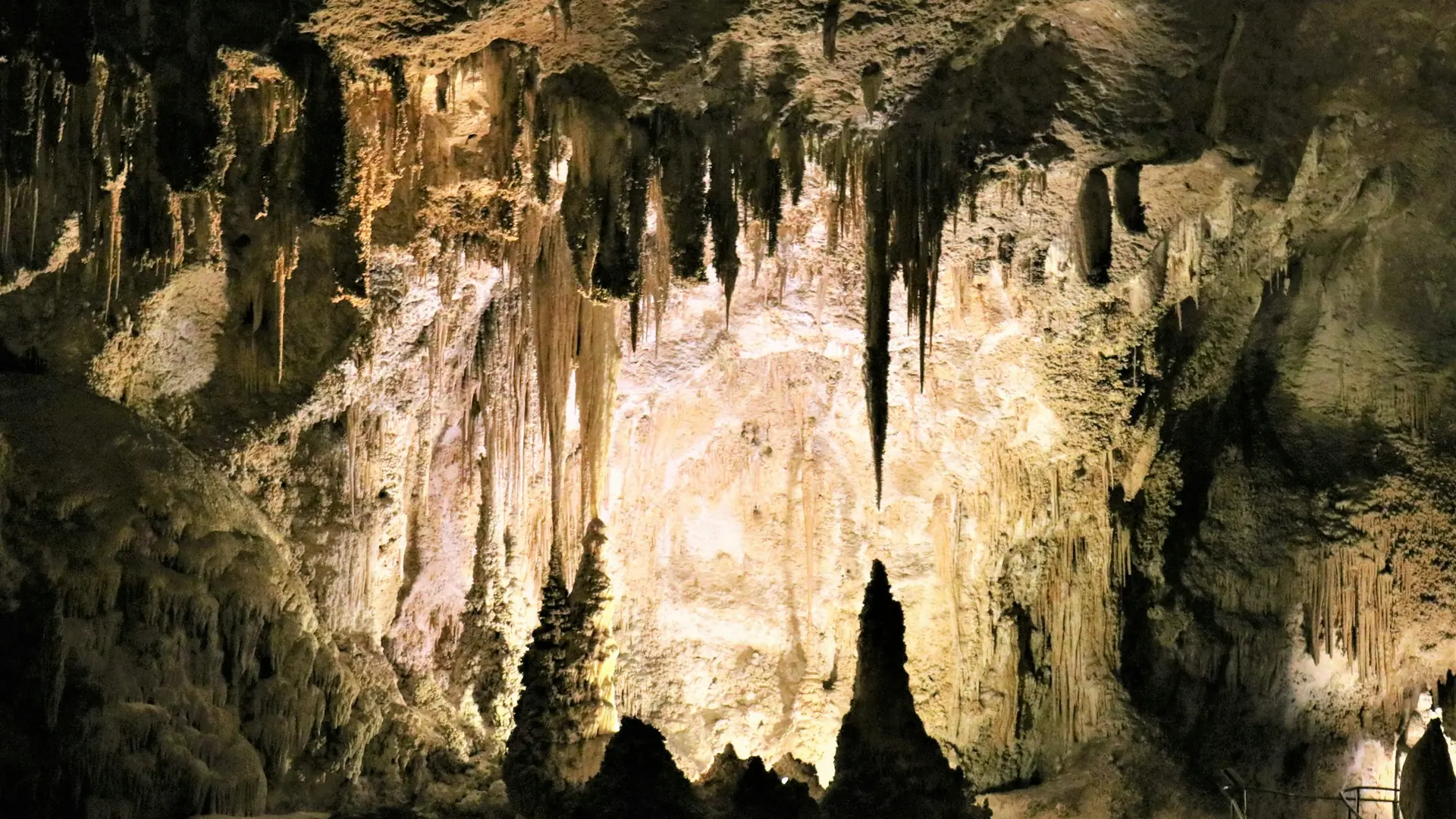 Illuminated stalactites and stalagmites inside Carlsbad Caverns.