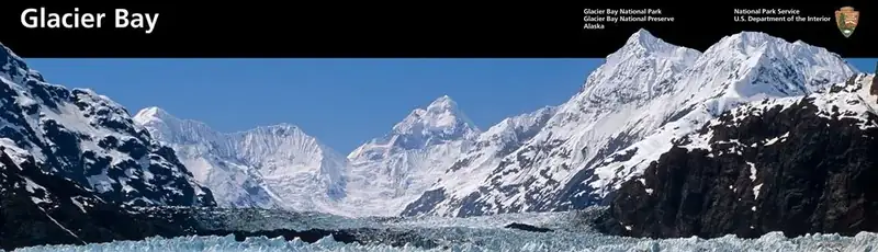 A glacier leads high into steep rocky snow-topped mountains. Graphic layout for Glacier bay at top