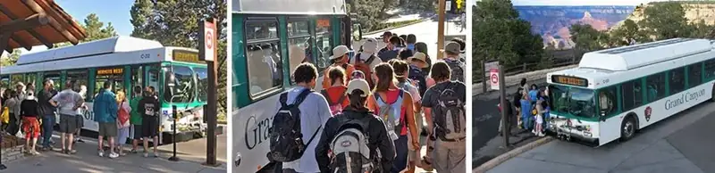 Collage of 3 shuttle bus photos showing passengers boarding buses in different locations