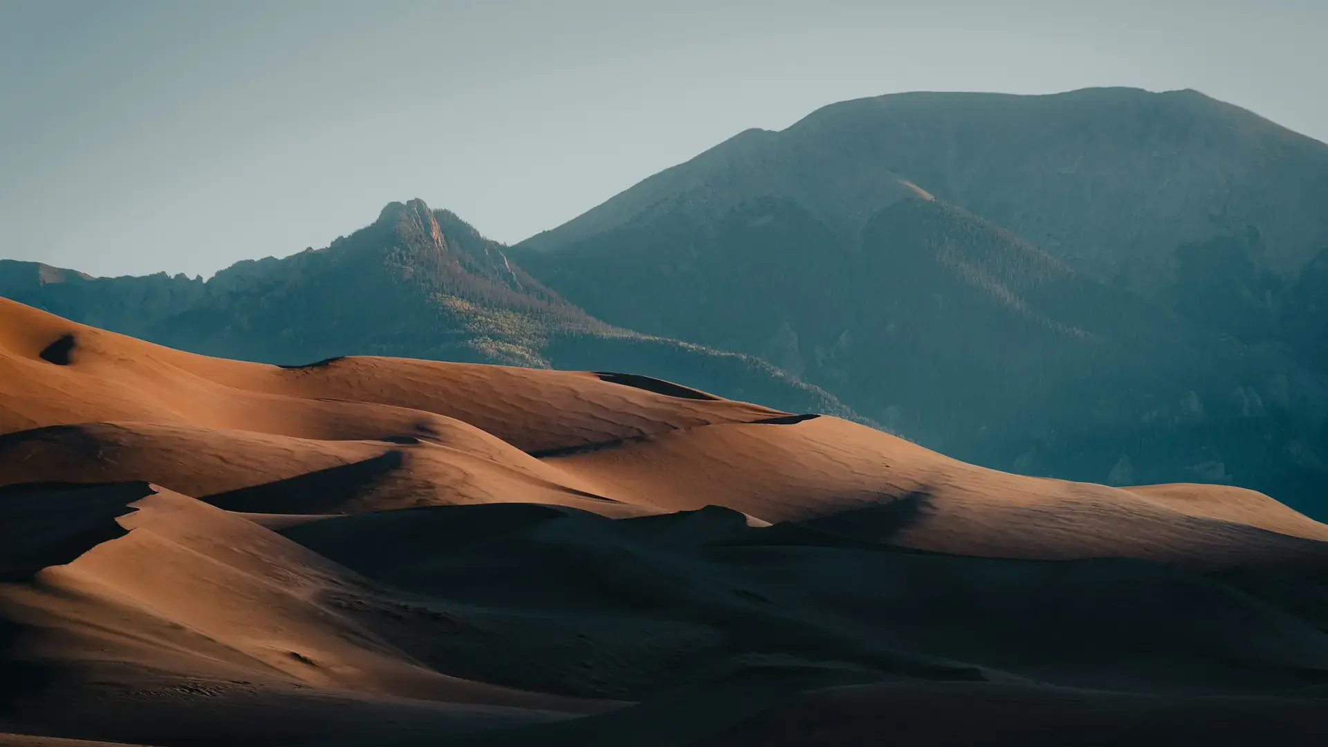 A mountain range in the distance with sand dunes in the foreground