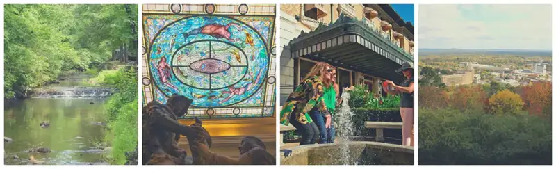 Four photo collage: Gulpha Creek, Women posing in front of the Fordyce, Stained Glass in the Bathhouse, and an overlook of Fall colors.