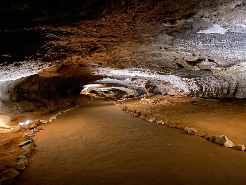 A long cave passage with an oval shape. 