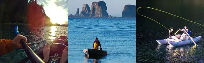 A panel formed of three separate watercraft-related pictures. Left shows the bow of a kayak. Middle shows a small motorboat on the ocean with rugged rocks in the distance. Right shows two anglers fishing from a small raft.