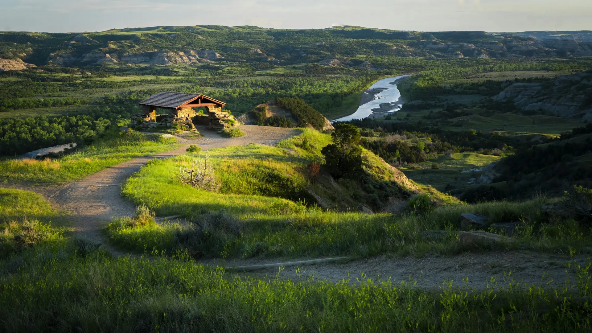 Green badlands and a winding river in Theodore Roosevelt National Park.